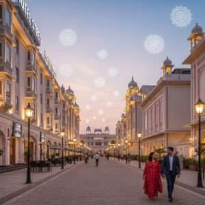 An ethereal, serene scene of a beautifully illuminated Heritage Street in Amritsar at twilight, featuring a blend of traditional Indian architecture with modern elements. The street is lined with charming, luxurious hotels glowing warmly under soft, pastel-hued lights. Intricate patterns and motifs inspired by Madhubani and Pattachitra art adorn the facades. In the foreground, an Indian couple dressed in elegant attire walks hand-in-hand, their expressions serene and reflective. The sky is a canvas of pale pink and soft blue, with gentle glowing mandalas subtly present. The atmosphere is tranquil, inviting, and spiritually uplifting, with a sense of modern elegance and historical richness.