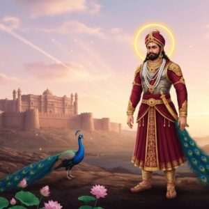 A majestic, ethereal scene depicting Bappa Rawal, the legendary founder of the Mewar Dynasty. He stands proudly on a serene, rocky landscape with the ancient Chittorgarh Fort in the background, bathed in the soft glow of dawn light. His attire is a blend of traditional Rajput armor and regal clothing, adorned with intricate gold patterns and motifs reminiscent of Madhubani art. A golden halo subtly illuminates his head, symbolizing his historical significance and spiritual aura. The foreground features delicate lotus flowers and a peacock with its feathers fanned out, adding to the scene's mystical atmosphere. The colors are deep and rich, with maroon and peacock blue dominating, while soft pastel skies and gentle rays of sunlight evoke a sense of tranquility and reverence. The overall composition reflects a balance of heritage and modern digital aesthetics, inviting viewers to explore the rich history and legacy of Bappa Rawal.