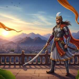 A regal Indian warrior prince, Bappa Rawal, adorned in intricate traditional Rajput armor, stands valiantly on a grand stone balcony overlooking the vast kingdom of Mewar. The backdrop features the majestic Aravalli Range bathed in the warm glow of a setting sun, with peacock blue and maroon hues painting the sky. His long hair flows gracefully, and he holds a finely detailed sword, symbolizing strength and leadership. The scene is rich with cultural motifs such as lotus flowers and saffron banners, blending traditional Rajput art with a modern digital aesthetic. The atmosphere conveys a sense of heroism and historical grandeur, inviting viewers into a legendary tale.
