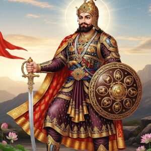 A majestic depiction of Bappa Rawal, the legendary founder of Mewar, clad in traditional Rajput warrior attire, featuring intricately designed armor with gold and maroon hues. He stands proudly in a grand landscape reminiscent of ancient Mewar, with a backdrop of the majestic Aravalli hills. His expression is regal and determined, embodying leadership and valor. In his right hand, he holds a gleaming sword with detailed engravings, while his left hand rests on a shield adorned with cultural motifs. The scene is illuminated by a soft, ethereal glow, casting a serene and heroic atmosphere. Surrounding him are symbols of his legacy, such as the Mewar flag gently waving in the wind and intricately detailed lotus flowers at his feet. The art style is hyperrealistic with a touch of modern digital aesthetics, capturing the essence of Bappa Rawal's enduring impact on Indian history.