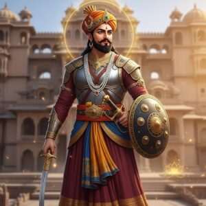 A majestic portrayal of Bappa Rawal, the legendary founder of Mewar, depicted as a noble and powerful Indian warrior king. He stands confidently with traditional Rajput armor, adorned with intricate gold and saffron details, and a regal turban. In his hands, he holds a finely crafted sword and shield, symbolizing his warrior heritage. The background features a grand, ancient Indian palace with elaborate architectural patterns reminiscent of Mewar's rich history. The scene is bathed in warm, golden sunlight, highlighting the rich maroon and peacock blue tones of his attire. The ethereal atmosphere is enhanced with subtle, glowing mandalas and lotus motifs, blending the traditional with a modern digital aesthetic. The image captures the essence of valor, leadership, and cultural heritage, inviting viewers to delve into Bappa Rawal's legacy.