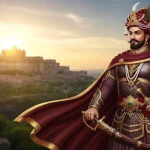 A regal depiction of Bappa Rawal, the legendary founder of the Mewar Dynasty. He stands valiantly in the foreground, clad in intricately designed traditional Indian armor with a blend of gold and maroon hues. His turban is adorned with a peacock feather, symbolizing royalty. Behind him, the majestic Chittorgarh Fort is visible, bathed in the soft glow of a setting sun that casts a warm golden light across the scene. The landscape is lush with intricate patterns of stylized lotus flowers and mandalas woven subtly into the background, reflecting the art style that merges traditional and modern aesthetics. The atmosphere is ethereal and serene, capturing the essence of a historic yet timeless legacy.