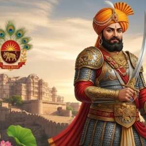 A regal depiction of Bappa Rawal, the legendary founder of the Mewar Dynasty, standing proudly in a detailed, traditional Indian armor, adorned with intricate gold embellishments and a vibrant saffron turban. He holds a gleaming sword with an ornate hilt, symbolizing his warrior spirit and leadership. The background showcases the majestic Chittorgarh Fort under a serene, ethereal sky with soft pastel hues, evoking a sense of grandeur and history. Surrounding him are symbols of his legacy, like a royal crest, peacock feathers, and lotus motifs, all rendered in a blend of traditional Indian and modern digital art styles. The overall composition is hyperrealistic, highlighting his noble features and commanding presence, with a harmonious balance of deep colors and soft glowing lights, embodying the essence of heritage and innovation.