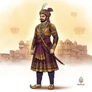 A regal and noble Indian warrior, Bappa Rawal, depicted in an intricately designed, traditional royal attire with elements of modern digital aesthetics. He stands tall and proud, against the backdrop of an ancient Mewar fortress, symbolizing his legacy. His attire features deep maroon and gold hues with intricate patterns, reminiscent of Phad art. The scene is illuminated by a warm, golden light that highlights his valiant expression and dignified posture. In the background, there are faint outlines of historical symbols associated with Mewar's heritage, like stylized lotus motifs and architectural elements. The overall atmosphere is serene and majestic, with a subtle blend of history and modern artistry, inviting viewers to delve into his storied past.