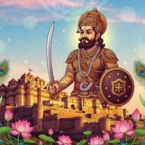 A majestic portrayal of Bappa Rawal, the legendary founder of Mewar, standing proudly in traditional Rajput armor, reflecting the intricate designs of Pattachitra art. He is depicted with a regal expression, holding a sword and shield, amidst a background of the ancient Chittorgarh Fort, bathed in warm golden and maroon hues. The scene is adorned with intricate patterns and motifs of peacock feathers and lotus flowers, symbolizing his royal heritage and spiritual connection. The sky is painted in soft pastel shades of blue and pink, with subtle glowing mandalas in the air, creating an ethereal, surreal atmosphere. The image merges traditional Indian art forms with modern digital aesthetics, capturing the essence of Bappa Rawal's legendary status in a serene yet captivating manner.