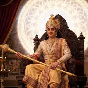 A majestic Indian king, Bindusara, is depicted sitting on a grand throne carved with intricate patterns, surrounded by opulent tapestries in deep maroon and peacock blue. He wears a richly embroidered royal robe with gold accents, a jeweled crown, and traditional Indian jewelry. In his right hand, he holds a golden scepter, symbolizing power. The backdrop showcases a large, glowing mandala with delicate lotus motifs, casting a serene, ethereal glow around him. The atmosphere is regal yet tranquil, with soft pastel hues blending harmoniously. The scene exudes an aura of wisdom and authority, capturing the essence of ancient Indian royalty with a modern digital aesthetic.