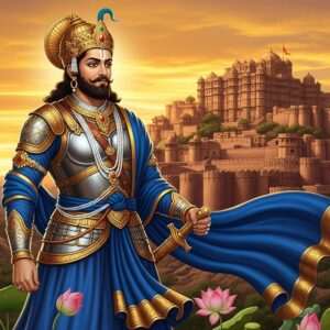 A regal depiction of Bappa Rawal, the legendary founder of Mewar, standing majestically amidst the historic landscapes of ancient Rajasthan. He is adorned in traditional Rajput armor, crafted with intricate gold and silver patterns, symbolizing his royal heritage. His face, calm yet resolute, reflects wisdom and strength. Bappa Rawal's noble posture is enhanced by a flowing royal blue cloak, fluttering in the gentle breeze. In the background, the majestic Chittorgarh Fort looms under a vivid sunset sky, painted in warm golds and maroons. The scene is accentuated with traditional motifs such as lotus flowers and peacock feathers, blending seamlessly with a modern digital aesthetic that highlights the rich cultural legacy of Mewar. The overall atmosphere is serene and ethereal, evoking a sense of historical grandeur and spiritual depth.