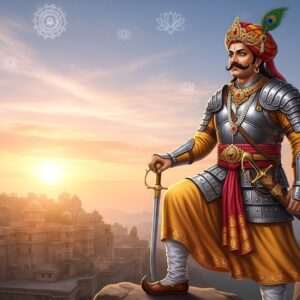 An imposing, regal depiction of Bappa Rawal, the legendary Mewar king, in a traditional yet modern aesthetic. He stands confidently atop a majestic hill with the ancient fort of Chittorgarh in the background, bathed in the golden light of dawn. Bappa Rawal is dressed in intricately detailed traditional Rajput armor, adorned with gold and saffron accents. His expression is one of wisdom and strength, with a flowing mustache and a turban crowned with a radiant peacock feather. The sky is painted in soft hues of pastel pink and blue, with subtle glowing mandalas and lotus motifs adding a spiritual essence to the scene. The art style is hyperrealistic, with a balance of traditional Indian art elements and contemporary digital aesthetics, inviting readers into the rich history and legacy of this iconic ruler.