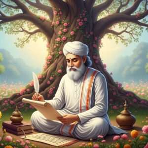 An ethereal scene featuring a serene Indian scholar, dressed in a traditional white Bengali dhoti and kurta, sitting peacefully in a lush garden filled with colorful blooming flowers. He is surrounded by soft, glowing pastel lights that illuminate the air around him, casting a warm and inviting glow. In his hand, he holds an ancient quill pen poised above a parchment with intricate patterns reminiscent of Bengali art forms, like alpana. The background features a mystical tree with branches that form gentle, swirling patterns, creating an atmosphere of tranquility and learning. The overall color palette includes soft blue, pale pink, and warm gold, emphasizing a harmonious blend of tradition and modernity. The art style should be hyperrealistic and slightly surreal, with attention to detail in the textures of the clothing and foliage, inviting viewers into a world of cultural richness and intellectual pursuit.