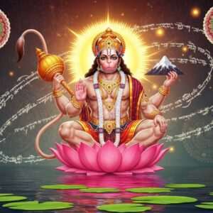 An ethereal and serene depiction of Lord Hanuman, portrayed with his traditional features—mighty and valorous, holding a gada (mace) in one hand and a mountain in the other, symbolizing strength and devotion. He is surrounded by a radiant aura of golden light, sitting peacefully atop a lotus flower floating on calm, reflective waters. The backdrop is a vibrant digital fusion of traditional Indian art, blending Madhubani and Pattachitra styles with modern aesthetics. The scene is adorned with glowing mandalas and intricate patterns, and there's a subtle overlay of Bengali script swirling around the image, resembling sacred verses. The colors are rich and deep, featuring maroon, peacock blue, and saffron with a touch of modern pastel tones, exuding tranquility and spiritual depth. The entire composition reflects a balance between heritage and modernity, inviting viewers into the sacred world of Hanuman Chalisa.