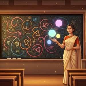 An ethereal scene depicting an Indian teacher with a serene, wise expression, dressed in a modern fusion of traditional Bengali attire, standing before a large, intricately designed blackboard. The blackboard is filled with vibrant, swirling patterns that subtly incorporate the shapes and curves of Bengali letters, without overtly displaying them. The teacher gestures gracefully with one hand, as glowing pastel-colored orbs hover around her, representing knowledge and enlightenment. The setting is a harmonious blend of traditional Indian classroom elements with a modern digital twist, featuring soft, ambient lighting that casts a warm golden glow across the scene. In the background, abstract representations of peacock feathers and lotus motifs add a touch of cultural richness and spirituality. The overall atmosphere is tranquil and inviting, encouraging a sense of curiosity and exploration.