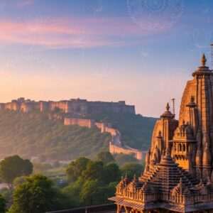 A serene landscape featuring the majestic fort of Yawal, rising proudly amidst lush greenery. In the foreground, a traditional Indian temple with intricately carved spires, glowing softly in the early morning light. The scene is enveloped in a warm, ethereal glow, with pastel hues of dawn casting a peaceful ambiance. Delicate patterns reminiscent of Madhubani art embellish the sky, subtly integrating cultural motifs like lotus flowers and mandalas. The setting is tranquil and inviting, exuding an aura of spiritual discovery and historical depth, capturing the essence of Yawal's soulful journey.