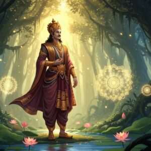 An ethereal scene depicting King Yayati, a noble Indian king from ancient epics, standing gracefully in a lush, enchanted forest. He is dressed in regal attire with intricate gold patterns and deep maroon hues, symbolizing his royal lineage. The forest is bathed in soft, golden sunlight filtering through the canopy, creating a serene and spiritual atmosphere. Around him, delicate lotus flowers bloom on a calm water surface, and ethereal glowing mandalas subtly appear in the background, enhancing the mystical quality. The king's expression is thoughtful and wise, inviting readers to explore his story. The art style blends traditional Indian motifs with modern digital aesthetics, using rich colors and hyperrealistic details to captivate and intrigue the viewer.