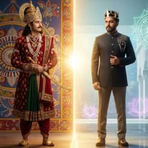 A hyperrealistic, ethereal scene depicting King Yayati at a crossroads of time, symbolizing his presence in both Khandekar's novel and Karnad's play. On one side, Yayati is portrayed in traditional royal attire, adorned with intricate gold jewelry and a crown, his expression wise and contemplative. This side is surrounded by deep, rich colors and intricate patterns inspired by Madhubani art. On the other side, he is depicted with a modern twist, featuring more contemporary clothing styles but still retaining regal elements. The background seamlessly blends both traditional and modern aesthetics with glowing mandalas and lotus motifs. Soft pastel colors with a warm golden light highlight the duality of his journey through time. The scene exudes a sense of timelessness, cultural richness, and introspection, inviting viewers to delve deeper into Yayati's narrative.