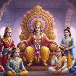 A regal Indian king with majestic bearing, representing Yayati, seated on an opulent golden throne adorned with intricate carvings of lotus flowers and mandalas, set against a backdrop of an ethereal palace interior. Around him are his sons, each depicted with distinct features symbolizing their unique stories, dressed in rich, vibrant royal attire in colors of maroon, peacock blue, saffron, and gold. They are surrounded by soft, glowing lights and gentle pastel hues, creating a surreal and spiritual atmosphere. The scene is imbued with a sense of heritage and grandeur, blending traditional Indian art styles with a modern digital aesthetic, capturing the essence of royalty and mythology.