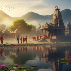A serene Indian landscape at sunrise, with a majestic, ancient temple in the foreground, its architecture intricately detailed with traditional Indian patterns and motifs. Soft, golden light bathes the scene, casting a tranquil glow over the temple and its surroundings. In the foreground, a calm river reflects the ethereal morning light, with lotus flowers gently floating on its surface. Silhouettes of Indian pilgrims in traditional attire are seen making their way towards the temple, creating a sense of spiritual journey. The background features lush greenery and rolling hills, adding to the serene atmosphere. The art style is hyperrealistic with a touch of modern digital aesthetics, emphasizing tranquility and spirituality, making it inviting for readers to explore further.