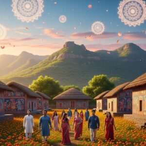 A serene and ethereal scene depicting the lush green landscapes of Yawal, Maharashtra. The image showcases the breathtaking Satpura hills in the background, bathed in soft, warm golden light. In the foreground, an intricate Pattachitra-style depiction of a traditional Indian village is seen, complete with houses adorned with vibrant murals. A group of Indian travelers, dressed in modern yet traditional attire, wander through a field of blooming marigold flowers. The sky is a dreamy pastel gradient of soft blue and pink, with subtle glowing mandalas and floating lotus petals, creating a tranquil and inviting atmosphere. The art style is hyperrealistic, blending cultural motifs with a contemporary digital aesthetic.