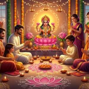 A vibrant and captivating scene of an Indian family celebrating Diwali in a beautifully decorated home. The room is illuminated with a soft, warm glow from numerous diyas (oil lamps) and fairy lights. The family, dressed in elegant traditional attire in rich maroon, saffron, and peacock blue, is gathered around a central altar adorned with flowers, incense, and a golden idol of Goddess Lakshmi, who is depicted with four hands holding lotus flowers and coins. Intricate rangoli designs with lotus motifs decorate the floor. The atmosphere is serene yet festive, with gentle pastel colors blending with the deep hues, and a sense of joy and togetherness. The art style merges traditional Indian art forms with modern digital aesthetics, creating a hyperrealistic yet ethereal quality that embodies the spirituality and warmth of Diwali celebrations.
