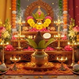 A serene, ethereal scene depicting a traditional Indian pooja setup for Gruhapravesam in a new home. The setting includes an intricately carved wooden altar adorned with golden, glowing lamps and incense sticks, surrounded by vibrant marigold and lotus flowers. A beautifully detailed kalash (sacred pot) with mango leaves and a coconut sits at the center. Richly colored fabrics in saffron and maroon drape the background, with subtle digital patterns merging traditional motifs like mandalas and spiritual symbols. Soft, warm light casts a tranquil glow over the arrangement, creating a peaceful and inviting atmosphere. The scene is hyperrealistic, capturing the essence of cultural heritage with a modern digital twist, emphasizing the harmony and spirituality of the occasion.