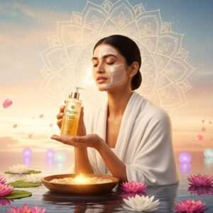 A serene and ethereal scene featuring a modern Indian woman with flawless, glowing skin, seated gracefully by a calm water surface. She's delicately holding a bottle of Pilgrim's Peeling Solution, with a soft glow emanating from it, casting warm golden light onto her face. Surrounding her are floating lotus petals and gentle pastel-colored lights that create a tranquil atmosphere. The background features an intricate, softly glowing mandala pattern blending with a pastel sky, evoking a sense of serenity and mindfulness. The art style is hyperrealistic with elements of fantasy, capturing the essence of modern beauty rituals intertwined with spiritual calmness.