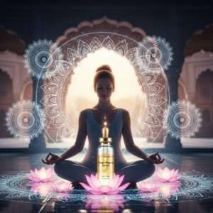A serene Indian woman meditating in a tranquil setting, surrounded by glowing lotus flowers and softly illuminated mandalas. Her skin glows with a divine radiance, as ethereal pastel colors swirl around her, creating an aura of spirituality and peace. She holds a delicate glass vial filled with shimmering golden liquid in her hand, symbolizing the personal pooja-pilgrim serum. The background features a gentle blend of traditional Indian architecture with modern digital elements, like subtle light patterns and harmonious water reflections, emphasizing a futuristic yet spiritual atmosphere. The overall composition is hyperrealistic, with intricate details capturing the essence of innovation meeting heritage.