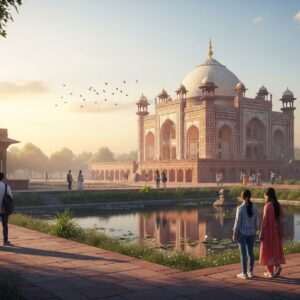 A serene and ethereal depiction of Sasaram in 2026, featuring a hyperrealistic, surreal landscape. The scene showcases the ancient tomb of Sher Shah Suri, its intricate Mughal architecture beautifully lit by a warm, golden sunset. In the foreground, a tranquil water body reflects the structure, surrounded by lush greenery. Soft pastel colors of pale pink, warm gold, and soft blue create a calming atmosphere. Indian travelers in contemporary attire can be seen exploring the area, exuding a sense of curiosity and adventure. The image blends traditional elements with modern aesthetics, inviting viewers to embark on a culturally rich journey.