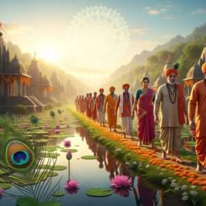 A serene, ethereal depiction of the 84 Kosi Parikrama pilgrimage, showcasing a group of Indian pilgrims dressed in traditional attire, gracefully walking through a lush, green landscape adorned with lotus ponds and ancient temples. The scene is illuminated by a warm, golden glow emanating from the horizon, casting reflections on the calm water surfaces. A large, glowing mandala hovers in the sky, symbolizing spiritual enlightenment. The pilgrims are surrounded by intricate patterns of peacock feathers and marigold garlands, adding depth and cultural richness. The atmosphere exudes tranquility and mindfulness, with a soft pastel color palette featuring hues of pale pink, soft blue, and warm gold. The art style is hyperrealistic, blending traditional Indian motifs with modern digital aesthetics to captivate the viewer's attention.