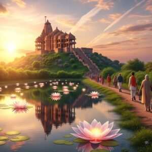 A breathtaking view of Jalore's spiritual landscape, featuring an ancient, intricately carved Hindu temple perched atop a hill, bathed in the soft glow of the setting sun. The sky is painted with hues of warm gold and pale pink, casting a serene and ethereal light over the scene. In the foreground, a tranquil pond reflects the temple and surrounding lush greenery, dotted with large, glowing lotus flowers. Indian pilgrims, dressed in traditional attire with subtle modern touches, are seen walking towards the temple, adding a sense of journey and exploration. The entire composition exudes a sense of spirituality, peace, and an invitation to discover the sacred beauty of Jalore. The art style combines hyperrealism with digital fantasy, highlighting both cultural heritage and modern aesthetics.