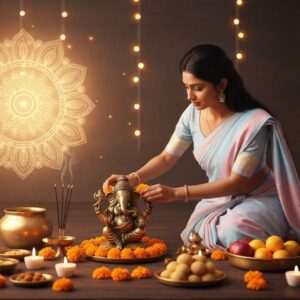 A serene and ethereal scene of a traditional Indian home altar beautifully decorated for a puja ceremony. In the center, a young Indian woman dressed in an elegant, modern saree with soft pastel hues of blue and pink, is gracefully placing fresh marigold flowers around a small, ornate brass idol of Lord Ganesha, who is depicted with four arms holding a lotus, a goad, a noose, and a broken tusk. The altar is adorned with glowing candles, incense sticks, and offerings of fruits and sweets. The background features a softly glowing mandala and warm golden lights creating an atmosphere of tranquility and spirituality. The image has a modern digital art aesthetic with a touch of traditional Indian elements, highlighting the fusion of heritage and contemporary style.