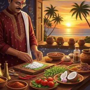 A vibrant and inviting scene of a traditional Tulu Nadu kitchen, bustling with activity. In the foreground, an Indian chef expertly prepares a dish on a wooden table laden with colorful ingredients like coconut, red chilies, and fresh herbs. The chef is dressed in a traditional attire with a modern twist, featuring a maroon kurta and gold embroidery. Surrounding the chef are traditional brass utensils and earthen pots, adding an authentic touch. In the background, a serene coastal landscape of Tulu Nadu is visible through an open window, with palm trees swaying gently in the breeze and the sun setting over the Arabian Sea. The warm golden hues of the sunset cast a soft glow over the entire scene, creating a sense of harmony and culinary adventure. The art style is hyperrealistic with ethereal elements, combining intricate patterns and textures reminiscent of Madhubani art with contemporary digital aesthetics.