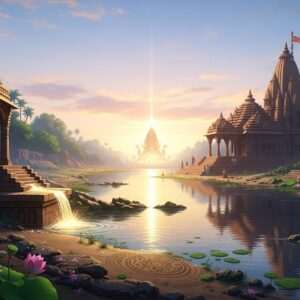 A serene, ethereal scene depicting the Hooghly River flowing through a lush, verdant landscape. The river originates from the sacred confluence of the Ganges, illustrated with a glowing, divine aura emanating from the water's surface. Along the riverbanks, intricate Indian motifs and cultural symbols like lotus flowers and mandalas are subtly integrated into the landscape. In the distance, an ancient Indian temple with ornate architecture stands majestically under a pastel-colored sky, where soft blues and pale pink hues blend harmoniously. The lighting is warm and golden, casting a tranquil glow over the entire scene. The art style is hyperrealistic yet surreal, merging traditional Indian art aesthetics with modern digital touches, inviting viewers on a spiritual journey through history.