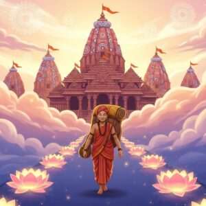 A serene, ethereal depiction of a divine pilgrimage scene in Nevasa, featuring an Indian pilgrim wearing traditional attire, walking through a path lined with glowing lotus flowers. The background showcases a series of intricate, sacred temples adorned with vibrant patterns inspired by Madhubani and Pattachitra art. Soft, pastel-colored clouds surround the temples, casting a warm, golden glow that highlights their spiritual significance. The sky is adorned with subtle, radiant mandalas, symbolizing enlightenment. The pilgrim's expression is one of peace and reverence, inviting the viewer into a journey of spirituality and discovery. The overall atmosphere is tranquil and captivating, blending tradition with modern digital aesthetics.