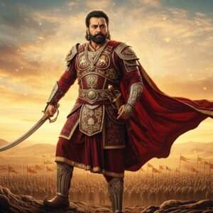 A regal depiction of Bappa Rawal, the legendary Indian warrior-king, standing valiantly atop a rocky hill with a panoramic view of the battlefield below. He is adorned in traditional Rajput armor, intricately designed with gold and maroon motifs, and holding a gleaming sword with a hilt decorated with lotus engravings. His expression is one of determination and wisdom, embodying his strategic prowess. Behind him, the sky is painted in a dramatic blend of saffron and peacock blue hues, symbolizing victory and valor. The ethereal scene is enhanced with subtle glowing elements like softly shimmering mandalas in the sky and a serene aura surrounding Bappa Rawal, highlighting his spiritual strength and leadership. The image has a hyperrealistic yet surreal quality, combining traditional Indian art with modern digital aesthetics, inviting viewers to delve into his historic legacy.