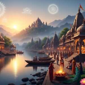 An ethereal depiction of Jhelum's sacred cities, set against a serene twilight sky. In the foreground, the river Jhelum flows gently, reflecting the soft glow of the rising sun. Along its banks, ancient temples and shrines stand tall, their intricate carvings illuminated by golden and saffron hues. In the distance, a mystical cityscape emerges, with domes and spires reaching towards the heavens, surrounded by lush greenery. The scene is imbued with a spiritual aura, featuring glowing mandalas and lotus flowers subtly woven into the landscape. Indian devotees in traditional attire are seen offering prayers along the riverbank, enhancing the atmosphere of faith and reverence. The art style blends traditional Indian motifs with modern digital techniques, using deep colors like maroon and peacock blue to create a harmonious balance between history and contemporary aesthetics.