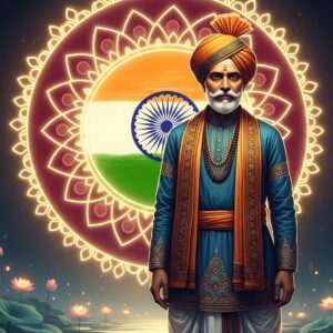 A dignified Indian man, representing Mahadev Desai, stands proudly in traditional attire, symbolizing his patriotism and contribution to India's freedom. He is depicted in a serene, ethereal style, with a backdrop featuring a large, glowing mandala and the Indian tricolor subtly incorporated into the design. The scene includes rich colors like saffron, maroon, and peacock blue, with intricate patterns reminiscent of traditional Indian art forms. His expression reflects determination and wisdom. The environment around him is tranquil, with gentle glowing lights and stylized lotus flowers, evoking a sense of peace and pride. This image captures the essence of heritage while blending in modern digital aesthetics, inviting viewers to explore his inspiring journey.
