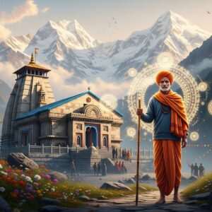 A serene and spiritual scene depicting a pilgrim's journey to Kedarnath, with the majestic Kedarnath Temple set against the backdrop of the snow-capped Himalayas, bathed in a soft, ethereal glow of dawn. The temple is adorned with intricate carvings, and the surroundings feature lush greenery and vibrant flowers. In the foreground, an Indian pilgrim, wearing traditional attire and carrying a walking stick, gazes reverently at the temple, surrounded by glowing mandalas and spiritual symbols. The sky is painted with pastel hues of pale pink and warm gold, enhancing the tranquil atmosphere. The scene is hyperrealistic with a touch of surrealism, capturing the essence of spiritual awakening and devotion.