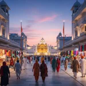 An ethereal scene of Amritsar's Heritage Street at twilight, with the iconic golden glow of the Harmandir Sahib (Golden Temple) in the distance. The street is bustling with Indian pilgrims and visitors in traditional attire, illuminated by soft, warm lights that create a serene atmosphere. The architecture blends traditional Indian elements with modern aesthetics, featuring intricate patterns and cultural motifs in the buildings. In the foreground, a vibrant market scene with stalls selling colorful fabrics, spices, and souvenirs. The sky is painted with pastel hues of pink and blue, and the air is filled with a sense of spirituality and harmony. The image is hyperrealistic, capturing the essence of a spiritual journey in a modern setting.