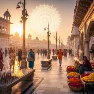 An ethereal and serene scene of Amritsar's Heritage Street at sunrise, with the golden hue of the morning light illuminating the intricate traditional architecture, including ornate jharokhas and carved pillars. The street is bustling with Indian pilgrims dressed in vibrant traditional attire, reflecting a spectrum of deep maroon, saffron, and peacock blue. A soft, glowing mandala subtly overlays the sky, enhancing the spiritual ambiance. A vendor selling colorful flowers and incense adds a touch of authenticity. The atmosphere is calm and inviting, with a harmonious blend of heritage and modern digital aesthetics, capturing the essence of a spiritual journey. The image should be hyperrealistic with a touch of surrealism, exuding tranquility and inviting the viewer to explore more.