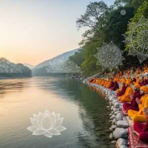 A serene and ethereal depiction of the Beas River, bathed in the soft, golden glow of a rising sun. The scene captures the tranquil waters reflecting the pastel hues of dawn—soft blues, pale pinks, and warm golds. On the riverbank, a group of Indian pilgrims dressed in traditional yet modernized attire (saffron and maroon robes) is engaged in peaceful meditation. In the background, the lush greenery of the surrounding landscape is dotted with intricate mandala patterns subtly woven into the foliage. A stylized lotus flower floats gently on the water, symbolizing spiritual awakening. The image exudes a sense of calm and mindfulness, inviting viewers into the spiritual journey that awaits them.