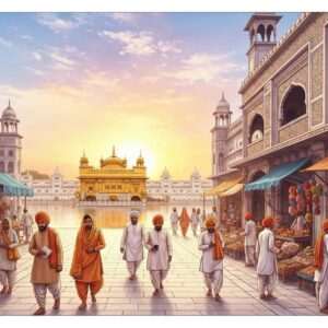 A serene and vibrant scene depicting Amritsar's Heritage Street, bustling with pilgrims dressed in traditional Punjabi attire. In the background, the majestic Golden Temple stands bathed in a soft, golden glow as the sun sets, casting reflections on the surrounding water. The street is alive with colorful market stalls, offering traditional Indian crafts and foods. Intricate patterns reminiscent of Madhubani art adorn the architecture, blending with modern digital aesthetics. The sky is a blend of pastel hues, highlighting a peaceful atmosphere. The image captures the essence of spirituality and cultural heritage, inviting viewers into the world of Amritsar with its enchanting allure.
