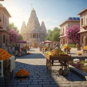 A serene, ethereal depiction of Howraghat in 2026, featuring a peaceful street scene with traditional Indian architecture harmoniously blended with modern elements. The street is bustling with vibrant life, with local vendors in traditional attire selling colorful flowers and fresh fruits. In the background, a majestic temple with intricate carvings rises, surrounded by lush greenery. The scene is illuminated by a soft, golden glow of early morning light, casting long shadows and highlighting the textures of the buildings and cobblestones. The air is filled with a sense of tranquility and spirituality, enhanced by the presence of small, stylized lotus flowers gently floating in a nearby pond. The overall atmosphere is calm and inviting, capturing the essence of a pilgrimage journey. The art style is hyperrealistic with a touch of surrealism, reflecting both tradition and modernity.