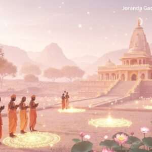 A serene, ethereal scene depicting the sacred site of Joranda Gadi, capturing its spiritual significance. The landscape is bathed in soft, glowing lights with a pastel color palette of warm gold and pale pink hues, emphasizing the tranquil ambiance. In the foreground, a group of Indian pilgrims in traditional attire are seen paying their respects, surrounded by lotus flowers and glowing mandalas. The architectural elements of Joranda Gadi are intricately detailed, reflecting its historical essence with a modern digital aesthetic. The scene conveys a sense of harmony and mindfulness, inviting the viewer into the spiritual journey.
