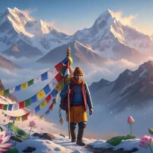 An ethereal depiction of a pilgrim on the Pauhunri Trek, set against the majestic backdrop of the towering snow-capped Himalayas. The scene captures the serene beauty of the trek with soft pastel hues of dawn breaking over the peaks, casting a warm, golden glow. The pilgrim, an Indian man in traditional trekking attire, is seen with a serene expression, carrying a prayer flag staff adorned with colorful Tibetan prayer flags fluttering in the gentle breeze. The foreground features delicate, stylized lotus flowers peeking through patches of snow, symbolizing purity and spiritual awakening. The sky is a surreal mix of soft blues and pinks with hints of glowing mandalas subtly integrated into the clouds, evoking a sense of spirituality and tranquility. The overall composition is hyperrealistic with intricate details, inviting viewers into a dreamlike journey of pilgrimage and preparation.