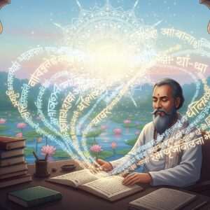 A serene, ethereal depiction of Mahadev Desai sitting in a tranquil, traditional Indian setting, surrounded by glowing, swirling scripts that seem to come alive around him. The scene is infused with a pastel color palette, featuring hues of soft blue, pale pink, and warm gold. Desai is portrayed as an Indian man with a calm demeanor, seated at a wooden desk with ancient Indian manuscripts scattered around. The background features a delicate lotus pond reflecting a glowing mandala in the sky, casting a soft, spiritual light over the scene. The overall composition blends traditional Indian motifs with modern digital aesthetics, creating a sense of harmony and mindfulness that invites readers to explore the story behind the handwriting.