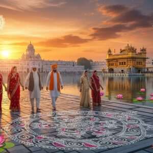 A mesmerizing scene of Amritsar's Heritage Street, bathed in the warm glow of a setting sun. The street is bustling with people in traditional Indian attire, with women wearing vibrant sarees and men in kurtas and turbans, representing a harmonious blend of past and present. The majestic Golden Temple is visible in the background, its reflection shimmering in a serene water body. Intricate patterns inspired by Madhubani art adorn the pavement and walls, while soft pastel hues of blue, pink, and gold illuminate the atmosphere. Lotus flowers float gently on the water surface, and glowing mandalas are subtly integrated into the scene, evoking a sense of peace and spirituality. The overall composition is hyper-realistic with surreal elements, capturing the essence of Amritsar's rich cultural heritage and spiritual serenity.