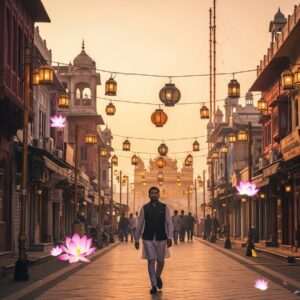 A serene, ethereal depiction of Heritage Street in Amritsar, showcasing a beautifully illuminated street lined with traditional yet modernized Indian architecture. The scene is set during the golden hour, with soft, warm lights glowing from intricately designed lanterns hanging above the bustling street. In the foreground, a spiritual walker, an Indian man dressed in a contemporary fusion of traditional kurta and modern attire, is seen gently walking, his face serene and contemplative. Surrounding him are ethereal lotus flowers floating in the air, casting a mystical glow. The street is adorned with vibrant hues of maroon, saffron, and peacock blue. In the background, the majestic silhouette of the Golden Temple can be subtly seen, bathed in a soft, divine light. The atmosphere is one of tranquility and spiritual harmony, capturing the essence of a journey through time and tradition.