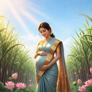 An Indian woman, dressed in a serene, pastel-colored saree with subtle golden accents, stands gracefully in a lush sugarcane field. Her gentle smile radiates warmth and contentment as she lovingly cradles her baby bump. The scene is bathed in soft, ethereal light, with rays of warm gold illuminating the sugarcane stalks around her. The background features delicate mandala patterns subtly etched into the sky, creating a harmonious blend of tradition and modernity. Lotus flowers bloom at her feet, and a gentle breeze carries tiny glowing particles, symbolizing blessings and tranquility. The overall atmosphere is one of peace, spirituality, and nurturing care, capturing the essence of Indian pregnancy traditions.