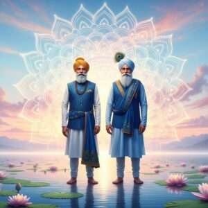Two Indian men, representing Mahadev Desai and Narhari Parikh, stand side by side in a serene, ethereal landscape. They are dressed in elegant, modern interpretations of traditional Indian attire, with subtle hints of gold and peacock blue. The background features a large, intricate mandala glowing softly, symbolizing unity and spirituality. Lotus flowers gently float on a calm water surface at their feet, while the sky is a blend of pastel colors, creating a tranquil and harmonious atmosphere. The scene captures their enduring friendship and commitment to service, with an air of mindfulness and peace. The art style is hyperrealistic with a touch of surrealism, ensuring a captivating first impression.