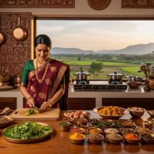 A vibrant, hyperrealistic scene of a traditional Maharashtrian kitchen, bustling with energy. An elegant Indian woman in a richly adorned saree (deep maroon with gold patterns), gracefully preparing a traditional Maharashtrian dish. The kitchen is filled with colorful spices and fresh ingredients like green chilies, coriander, and turmeric, neatly arranged on a beautifully patterned wooden counter. In the background, intricately designed copper utensils hang on a wall with motifs inspired by Pattachitra art. The air is filled with a warm, golden glow, highlighting the textures and colors of the scene. A window reveals a serene view of lush green fields and distant hills under a soft, pastel blue sky. The overall atmosphere conveys a blend of tradition and modernity, drawing the viewer into the cultural richness of Maharashtrian cuisine.