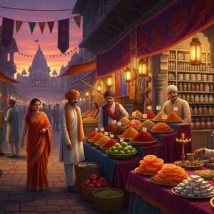 A vibrant, bustling Indian marketplace under a twilight sky, where spiritual foods and heritage shops abound. The scene is filled with stalls offering colorful arrays of traditional spices, fruits, and sweets, each glowing softly under hanging lanterns. Indian vendors, dressed in rich, traditional attire, are animatedly interacting with customers. The air is rich with the scent of incense and spices. Intricate patterns and cultural motifs like mandalas and lotus flowers adorn the shop banners. Soft, ethereal lighting highlights the deep saffron, maroon, and peacock blue hues, creating a serene yet lively atmosphere. In the background, a grand temple is partially visible, its silhouette majestic against the setting sun, casting a warm, golden glow over the scene. The art style combines hyperrealistic detail with a surreal touch, making the viewer feel as if they are stepping into a living tapestry of tradition and spirituality.